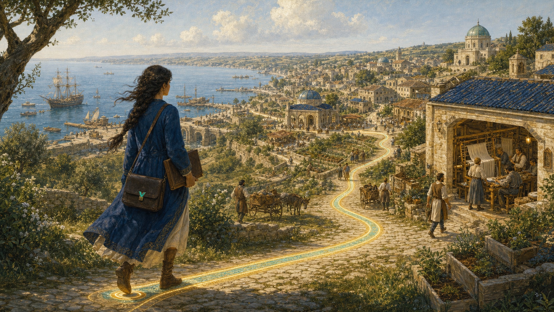 Verity brand illustration of a city connected by a luminous path