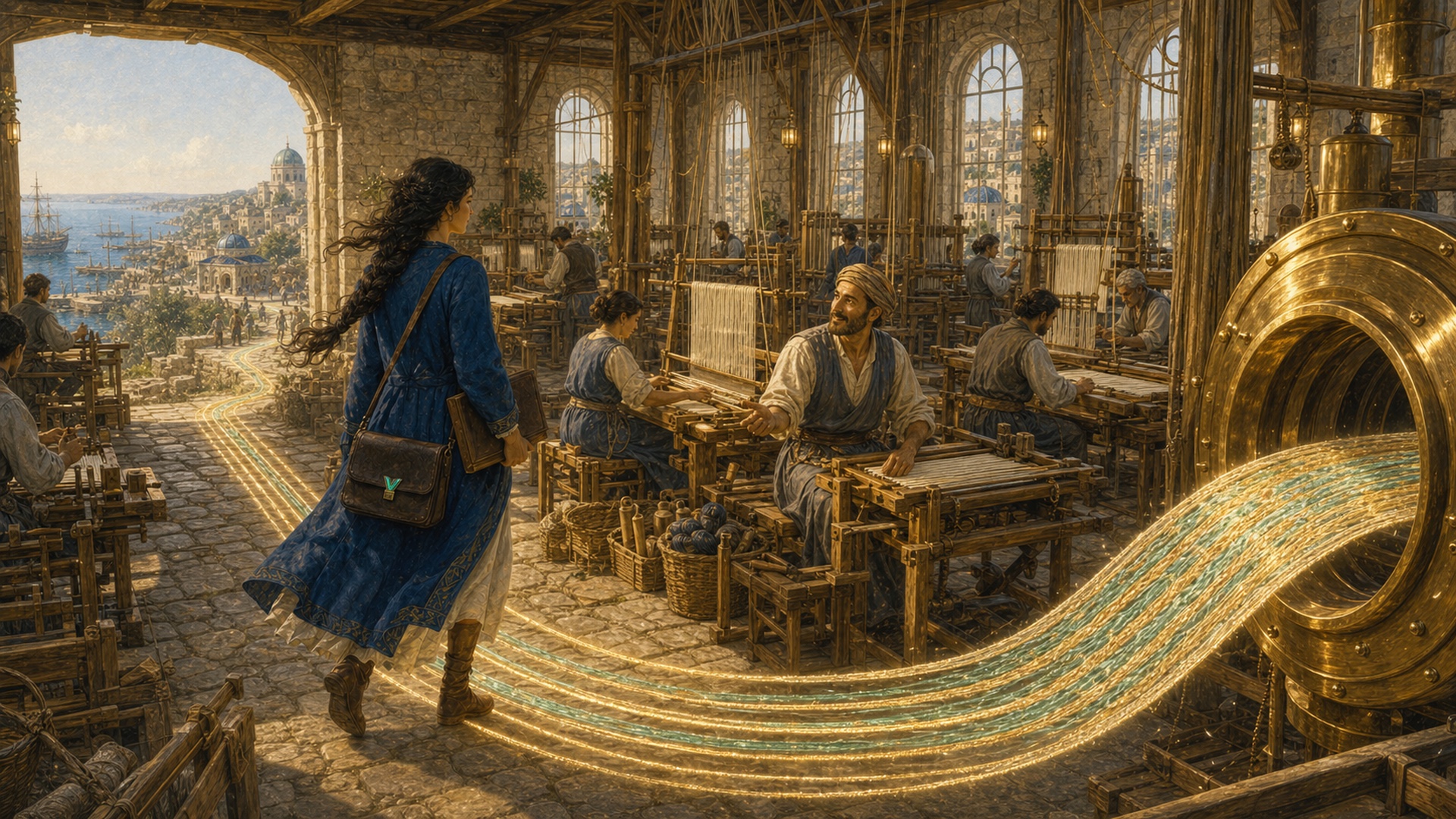 Verity brand illustration of a workshop weaving luminous threads