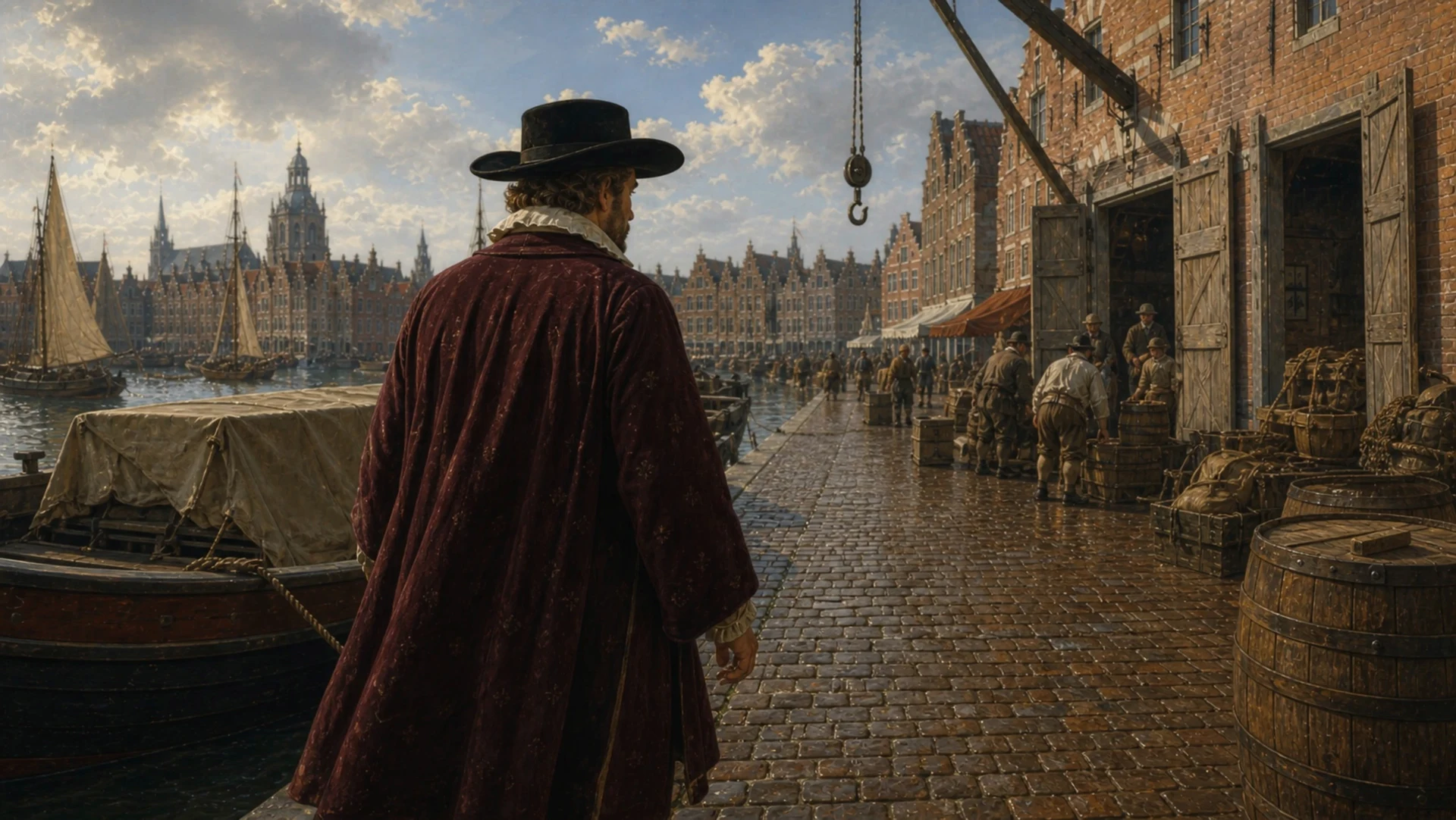 Perps.run brand illustration of a merchant overlooking a trading port